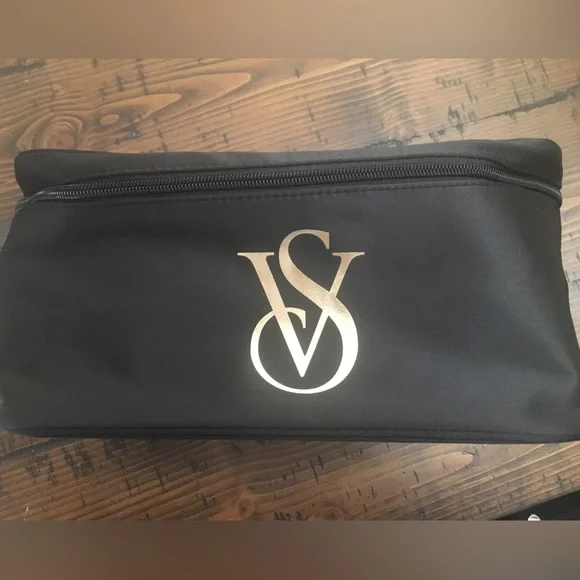 NWT Victoria's Secret Travel Case Bag Black Satin Gold Logo - Picture 5 of 7